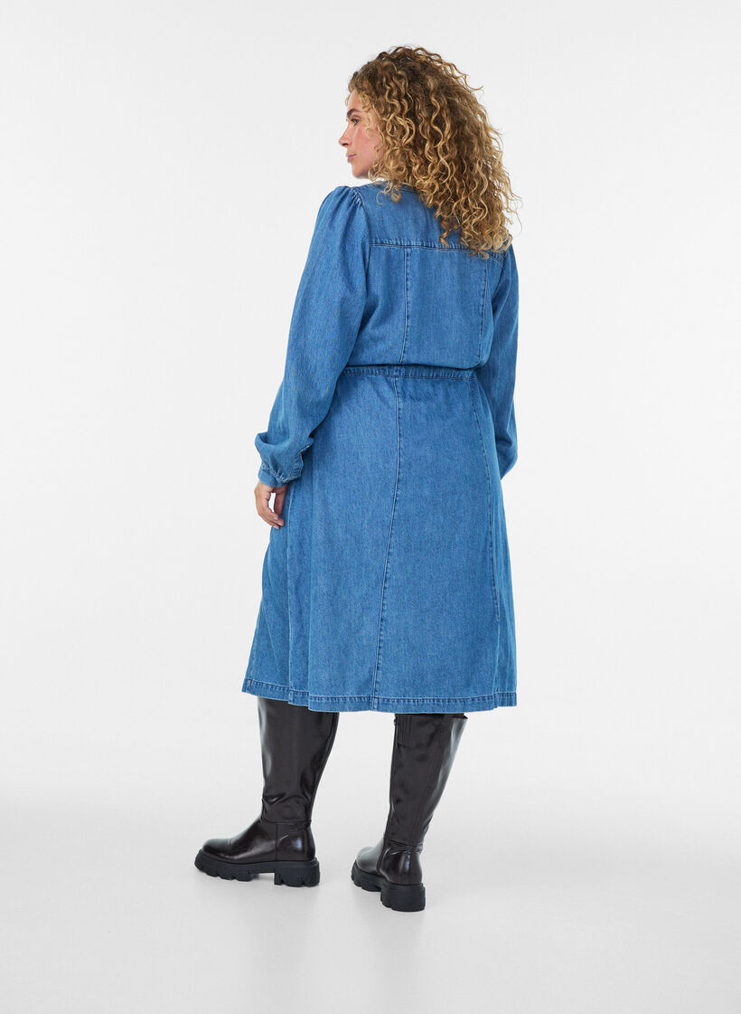 Jeanskleid mit V-Ausschnitt und Bindeg&uuml;rtel, Blau, Model image number 2