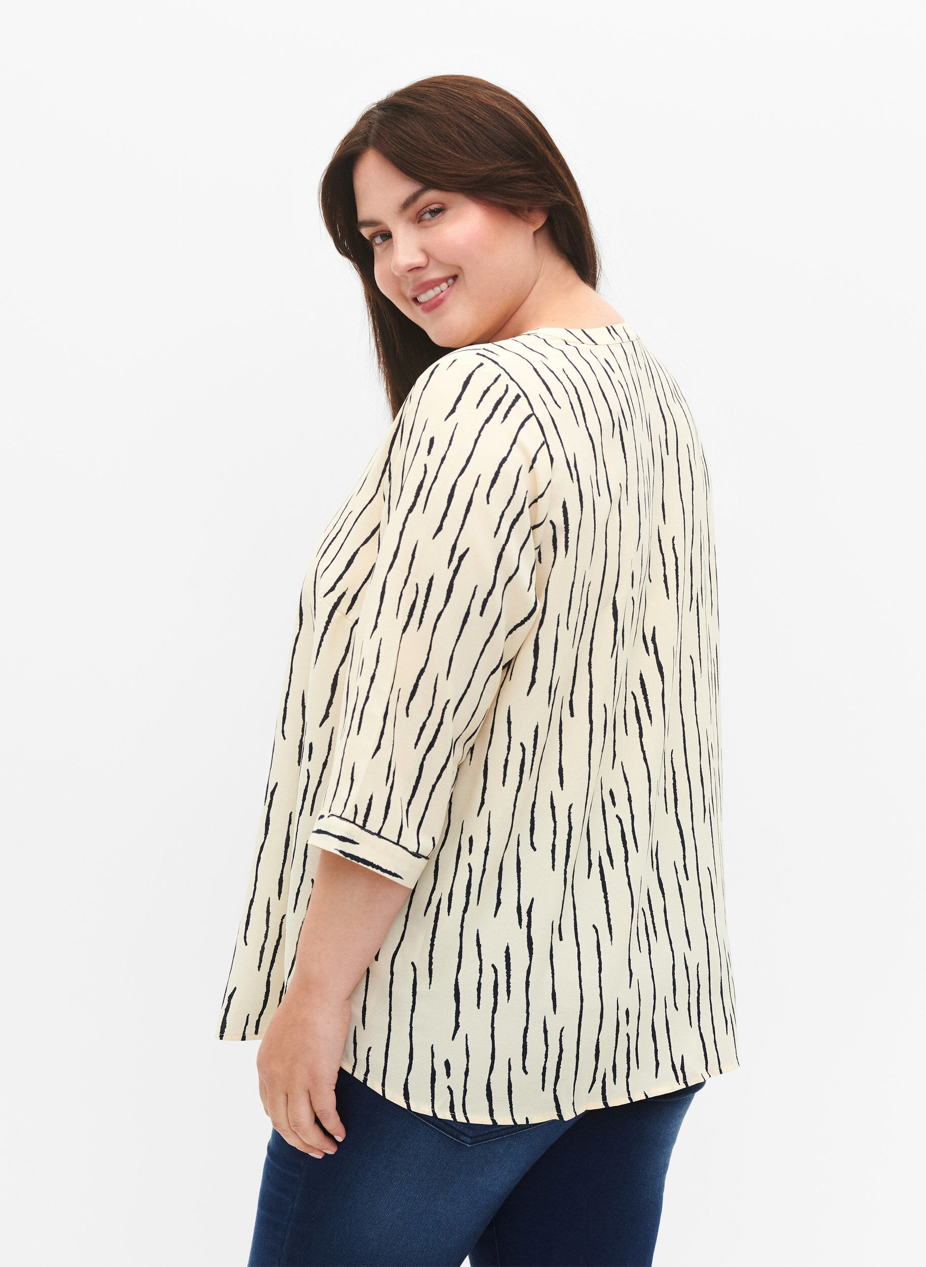 Zizzi Bluse mit 3/4 &Auml;rmeln und Druck, Off White Stripe, Model image number 1