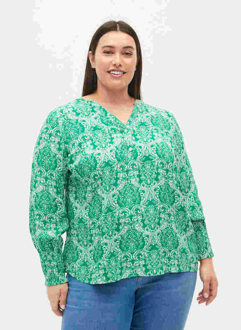 Bluse aus Viskose mit Print und Smock, Jolly Green Oriental, Model