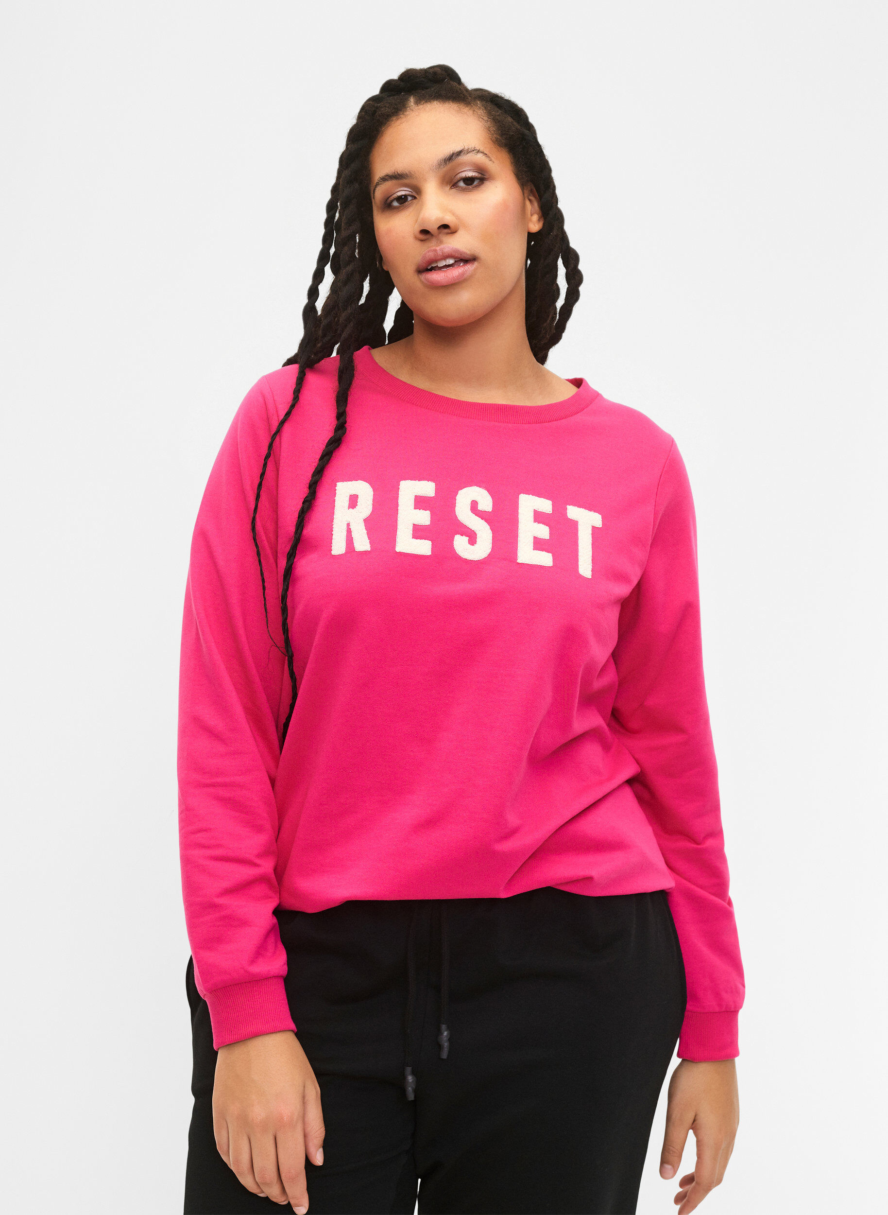 Zizzi Sweatshirt mit Text, Fuchsia P. W. Reset, Model image number 0