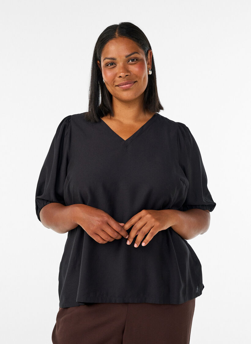 Bluse aus Viskose mit V-Ausschnitt, Schwarz, Model image number 0