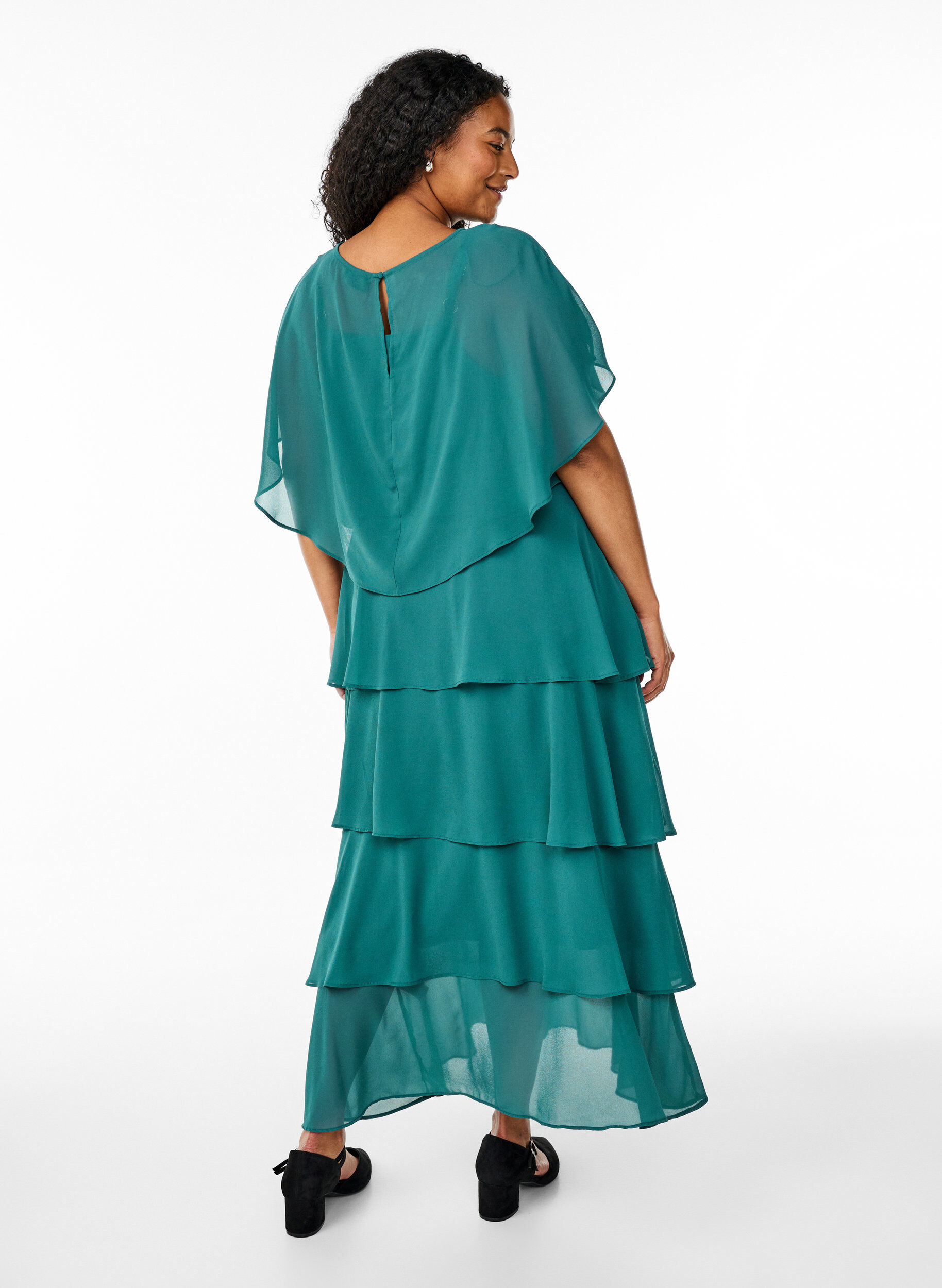 Zizzi Maxikleid mit R&uuml;schen-Volants und abnehmbarem Cape, Gr&uuml;n, Model image number 2