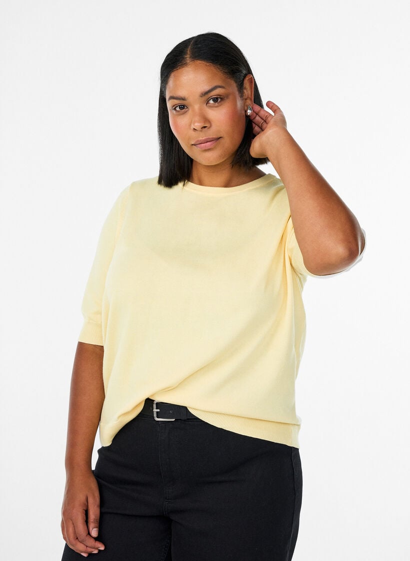 Fein gestrickte Bluse mit kurzen &Auml;rmeln, Gelb, Model image number 0