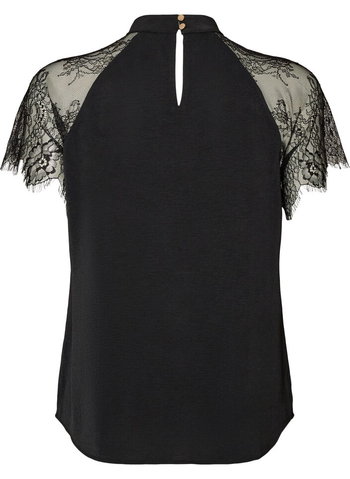 Bluse mit kurzen &Auml;rmeln aus Spitze und hohem Kragen, Schwarz, Packshot image number 1