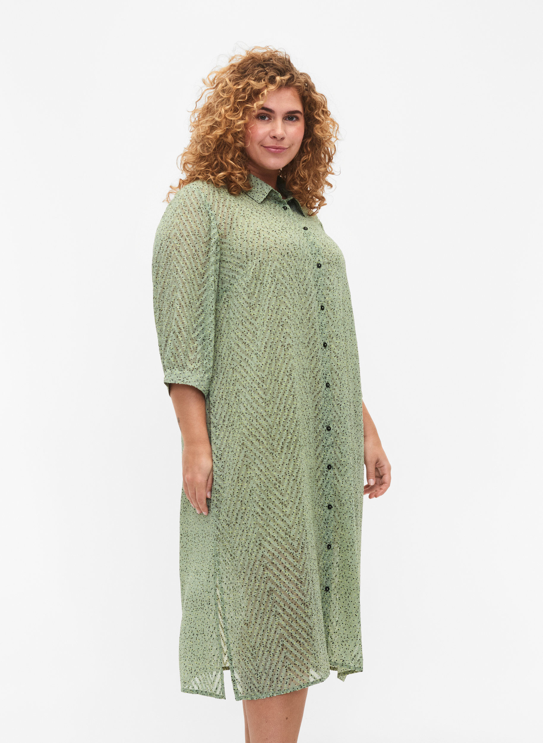 Zizzi Gepunktetes Shirtkleid mit 3/4 &Auml;rmeln und Schlitz, Seagrass Dot, Model image number 2