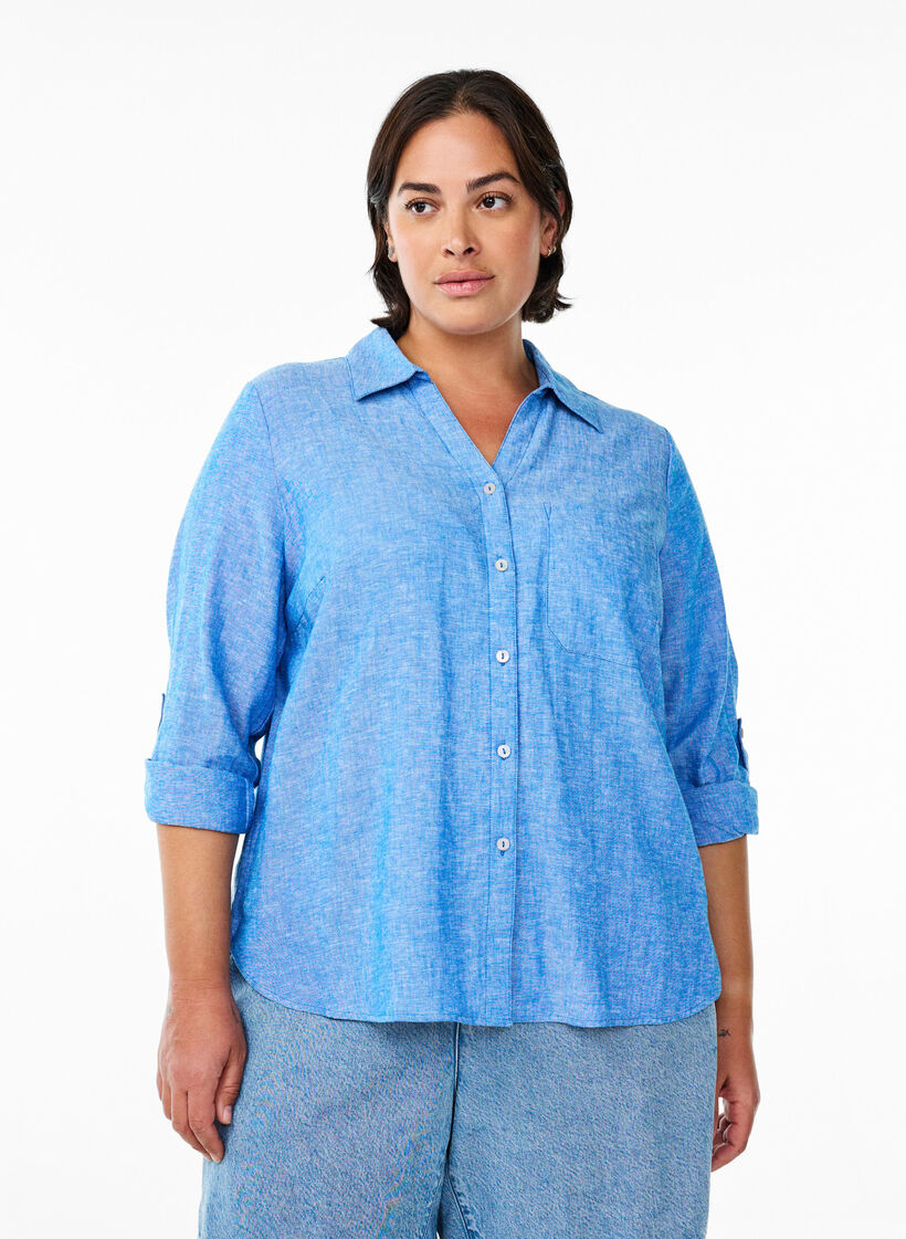 Bluse aus Leinen und Viskose mit 3/4-Ärmeln, Blau, Model image number 0