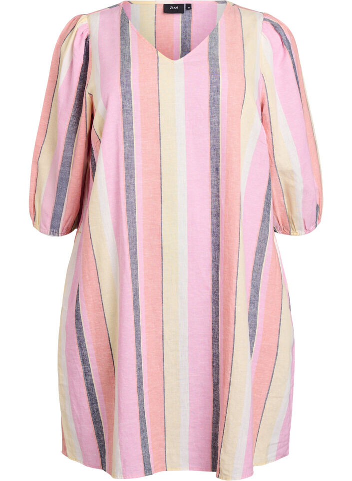 Kleid aus Leinen und Viskose mit 3/4-Ärmeln, Gelb, Packshot image number 0