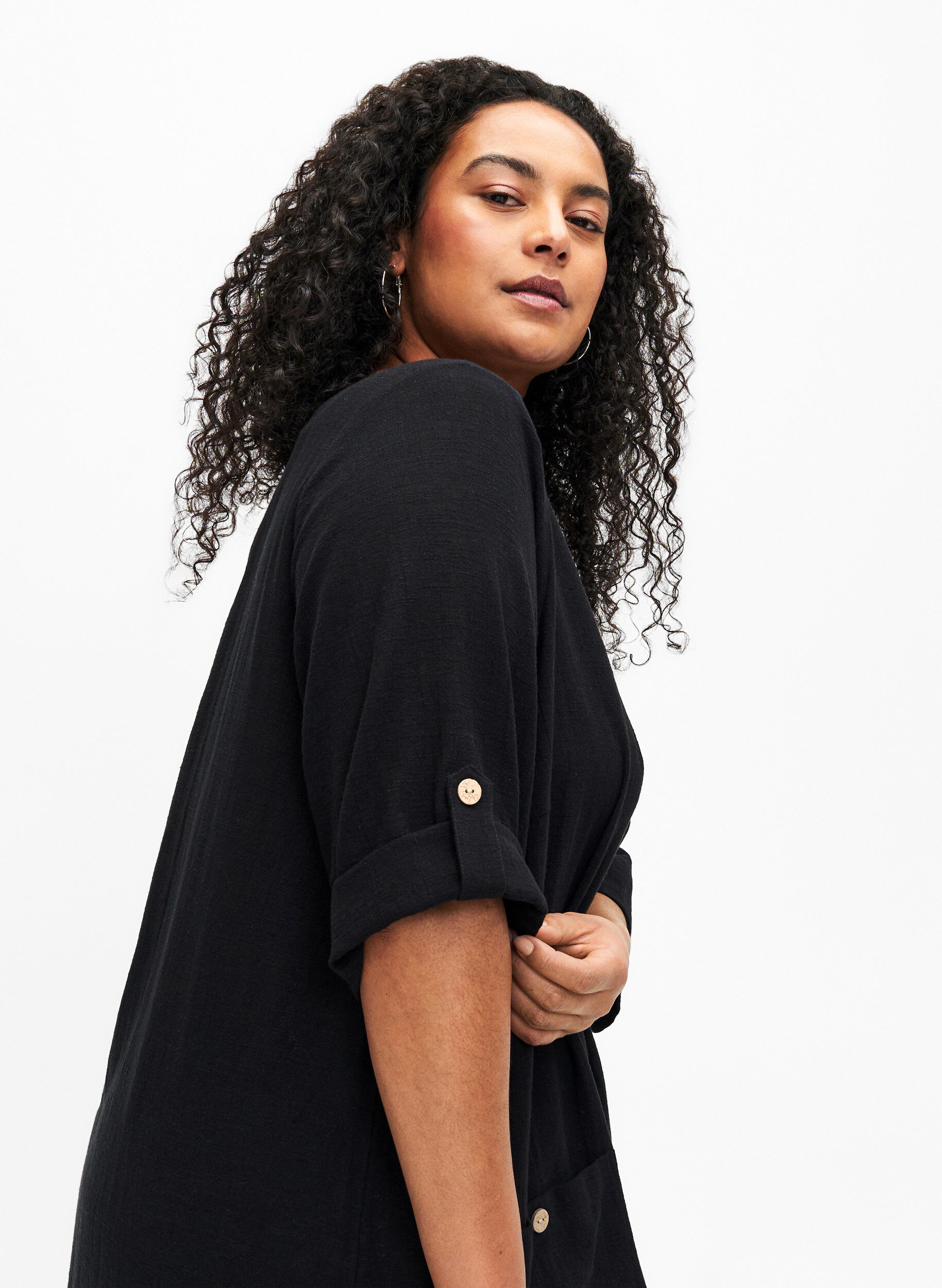 Zizzi Tunika aus Baumwoll-Leinen-Mischung und 3/4-&Auml;rmeln, Black, Model image number 2