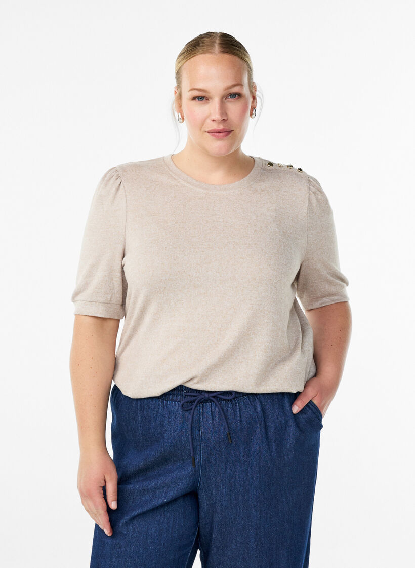 Bluse mit Knopfdetail und kurzen Puff&auml;rmeln, Beige, Model image number 0