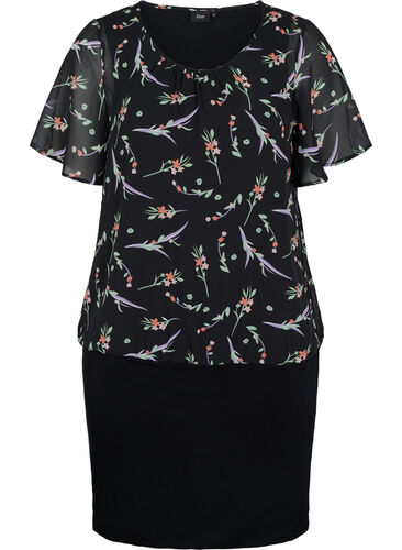 Kurzarm Kleid mit Blumenprint am Oberteil, Black AOP, Packshot image number 0