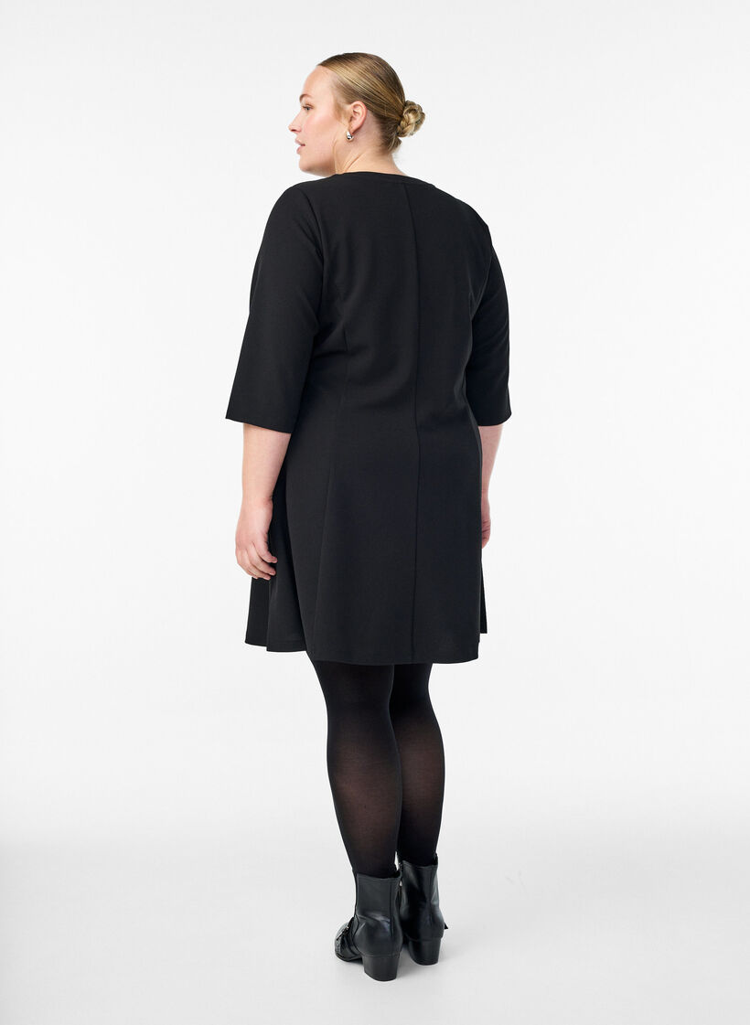 Kurzes A-Linien-Jerseykleid mit 3/4-Ärmeln, Schwarz, Model image number 2
