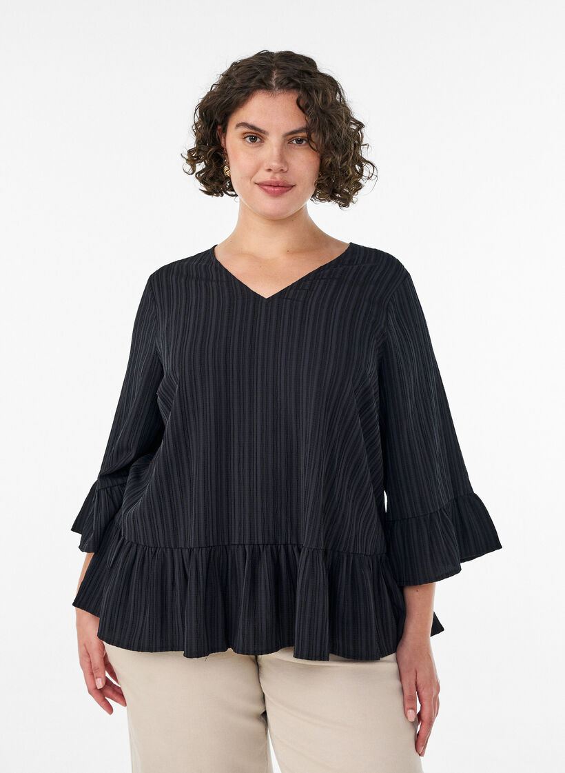 Bluse mit Struktur, V-Ausschnitt und R&uuml;schen, Schwarz, Model image number 0