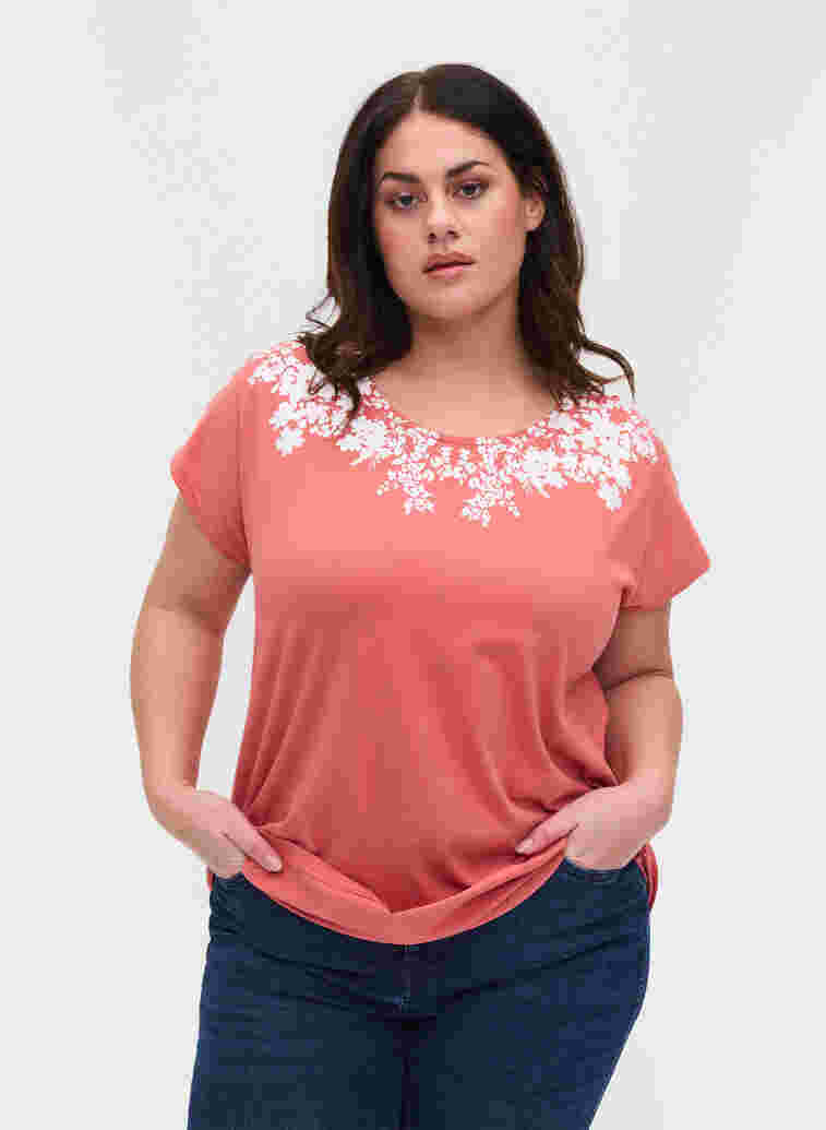 T-Shirt aus Baumwolle mit Printdetails, Faded RoseMel feath, Model image number 0