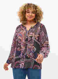 Hemdbluse mit V-Ausschnitt und Print, Black/Brown Paisley, Model