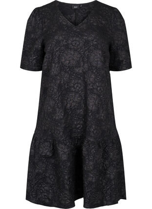 Kurzärmeliges Kleid mit V-Ausschnitt und floraler Textur, Black, Packshot image number 0