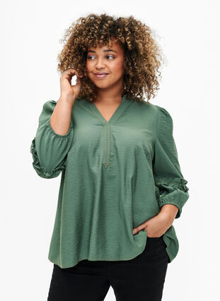 Bluse mit Ruffles, Duck Green, Model image number 0