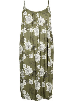Ärmelloses Midi-Kleid aus Viskose, Green Flower AOP, Packshot image number 0
