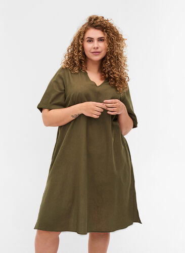 Kurzarm Kleid aus Baumwollmischung mit Leinen, Ivy Green, Model image number 0