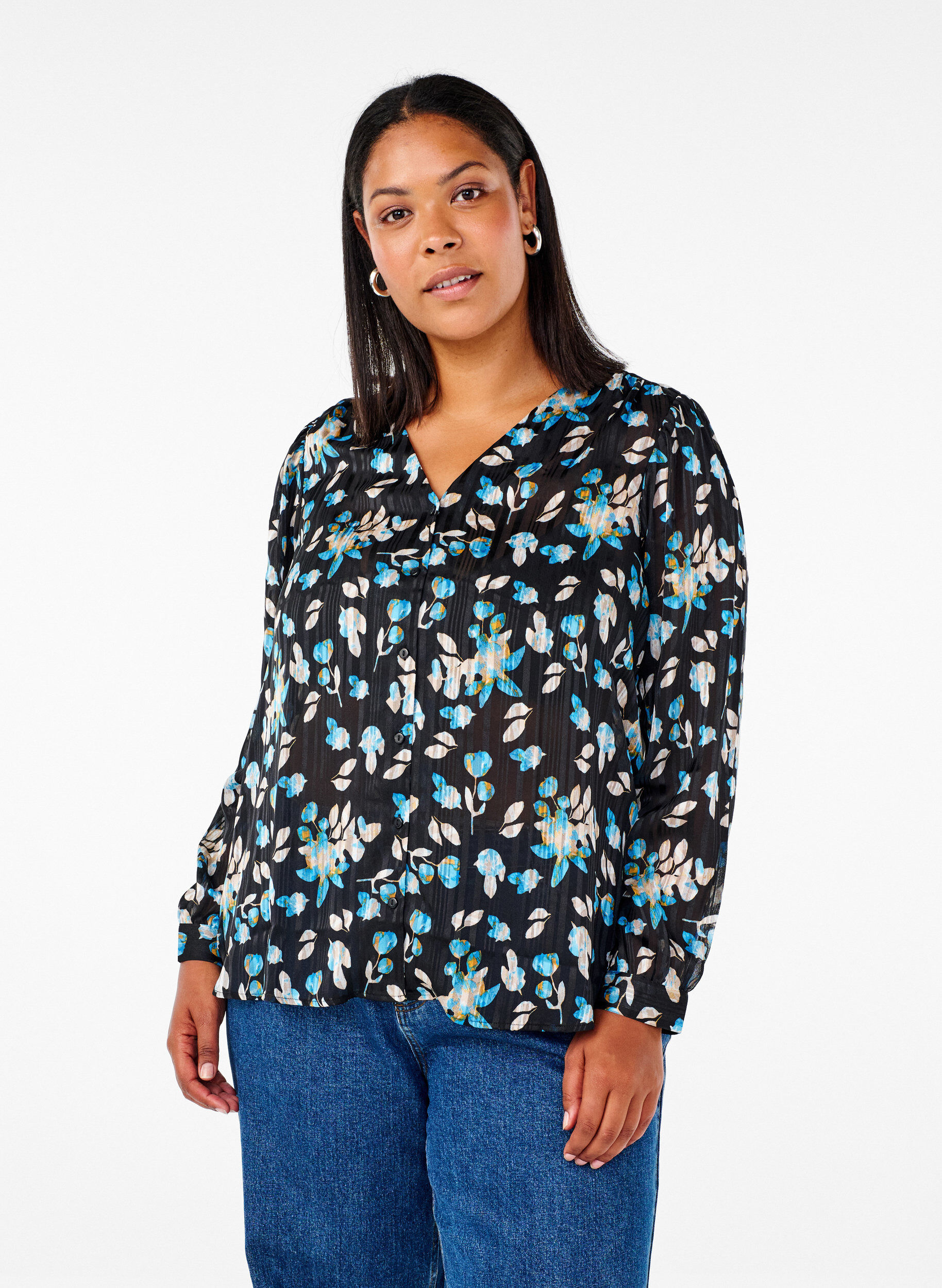 Zizzi Langarmshirt mit Kn&ouml;pfen, Schwarz, Model image number 0