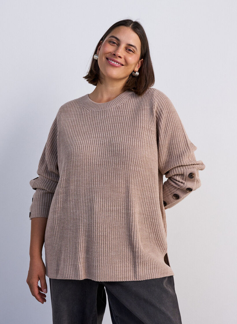 Strickbluse mit Rippstruktur und Knopfdetails, Beige, Model image number 0