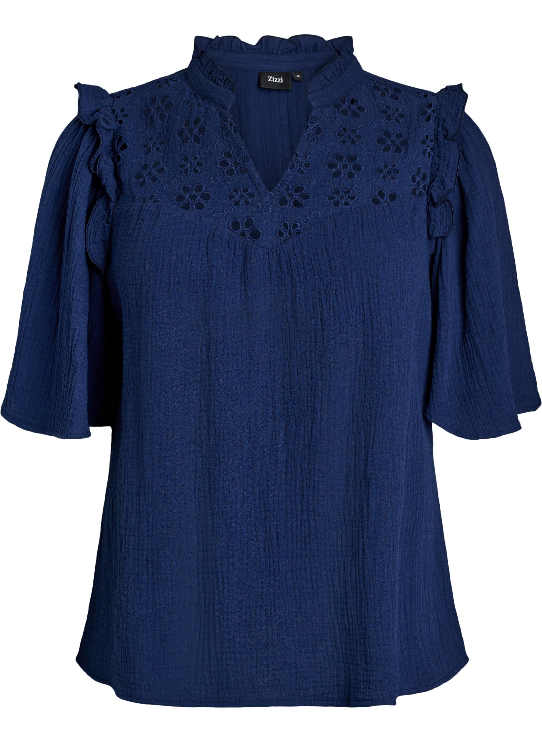 Zizzi Bluse aus Baumwoll-Musselin mit Broderie Anglaise und 1/2-&Auml;rmeln, Blau, Packshot image number 0
