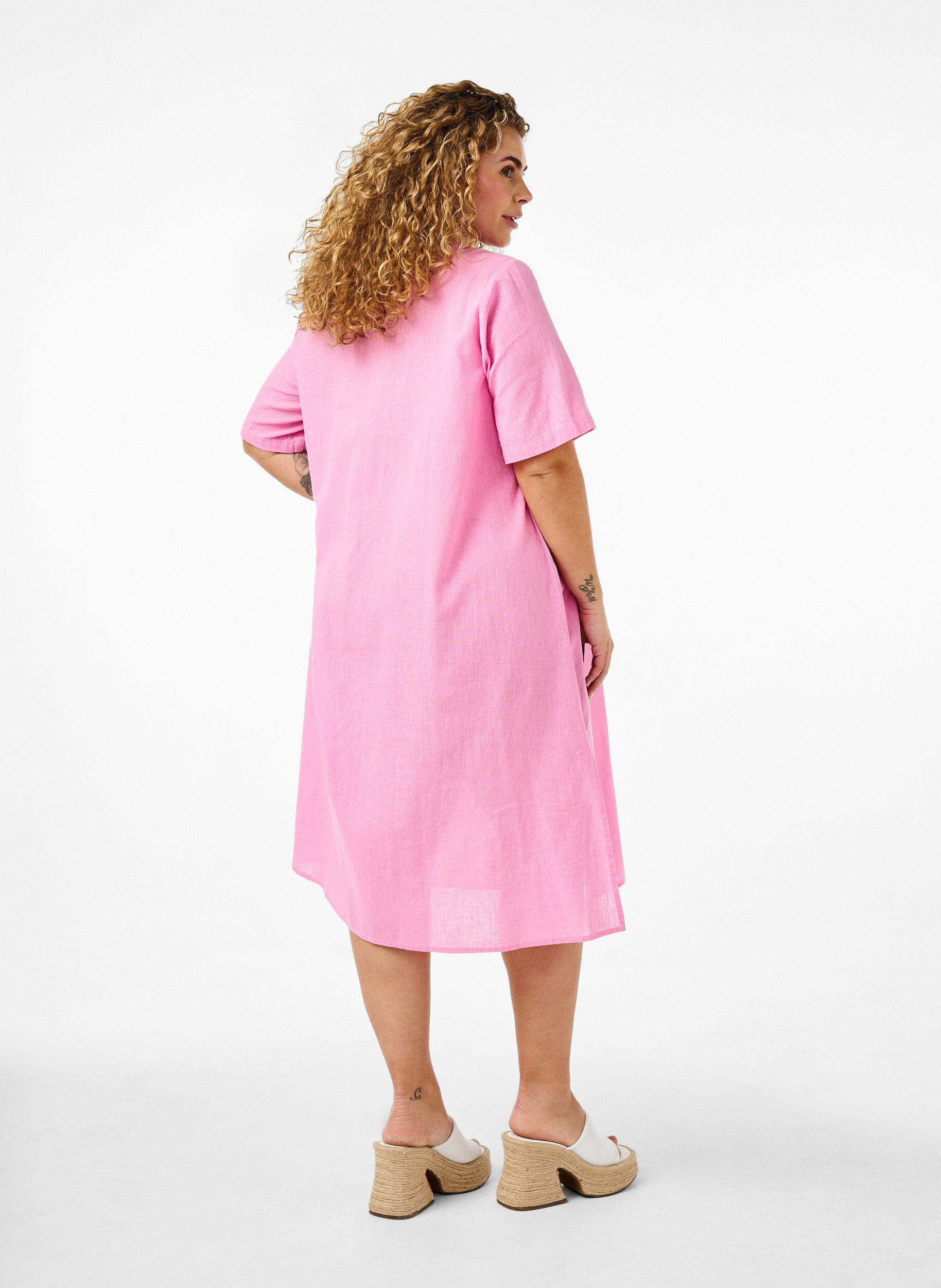Zizzi Kaftan-Kleid aus Baumwollmischung mit Leinen, Pink, Model image number 1
