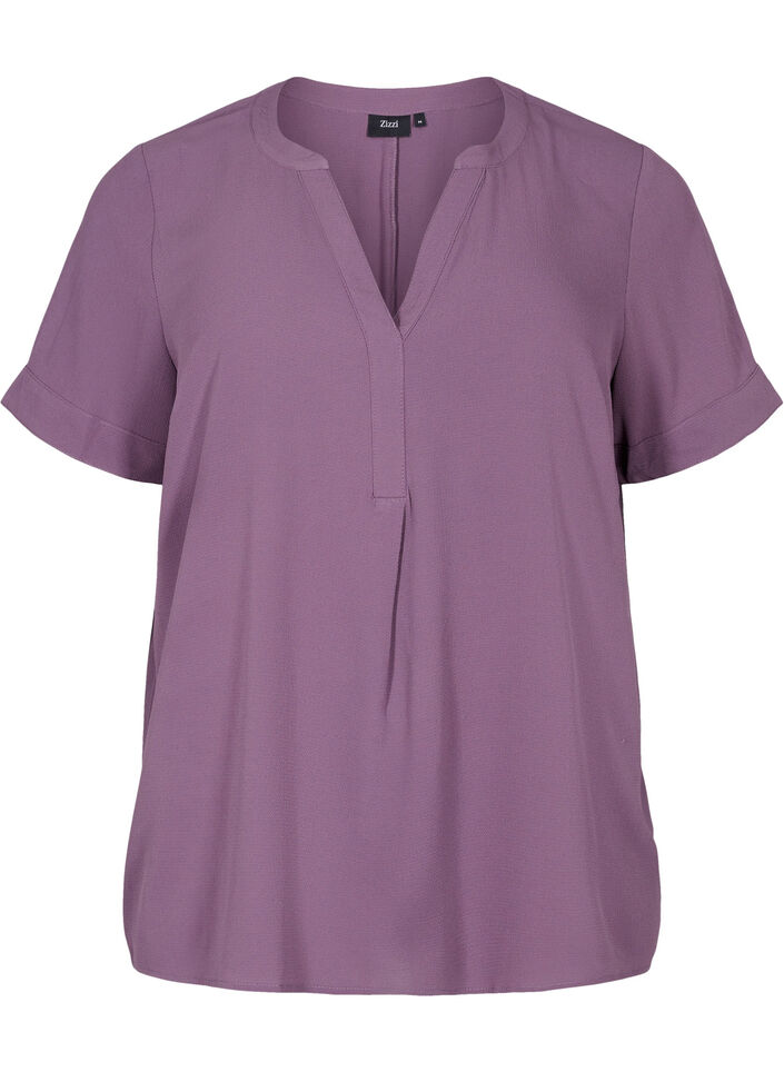 Kurzärmelige Bluse mit V-Ausschnitt, Vintage Violet, Packshot image number 0