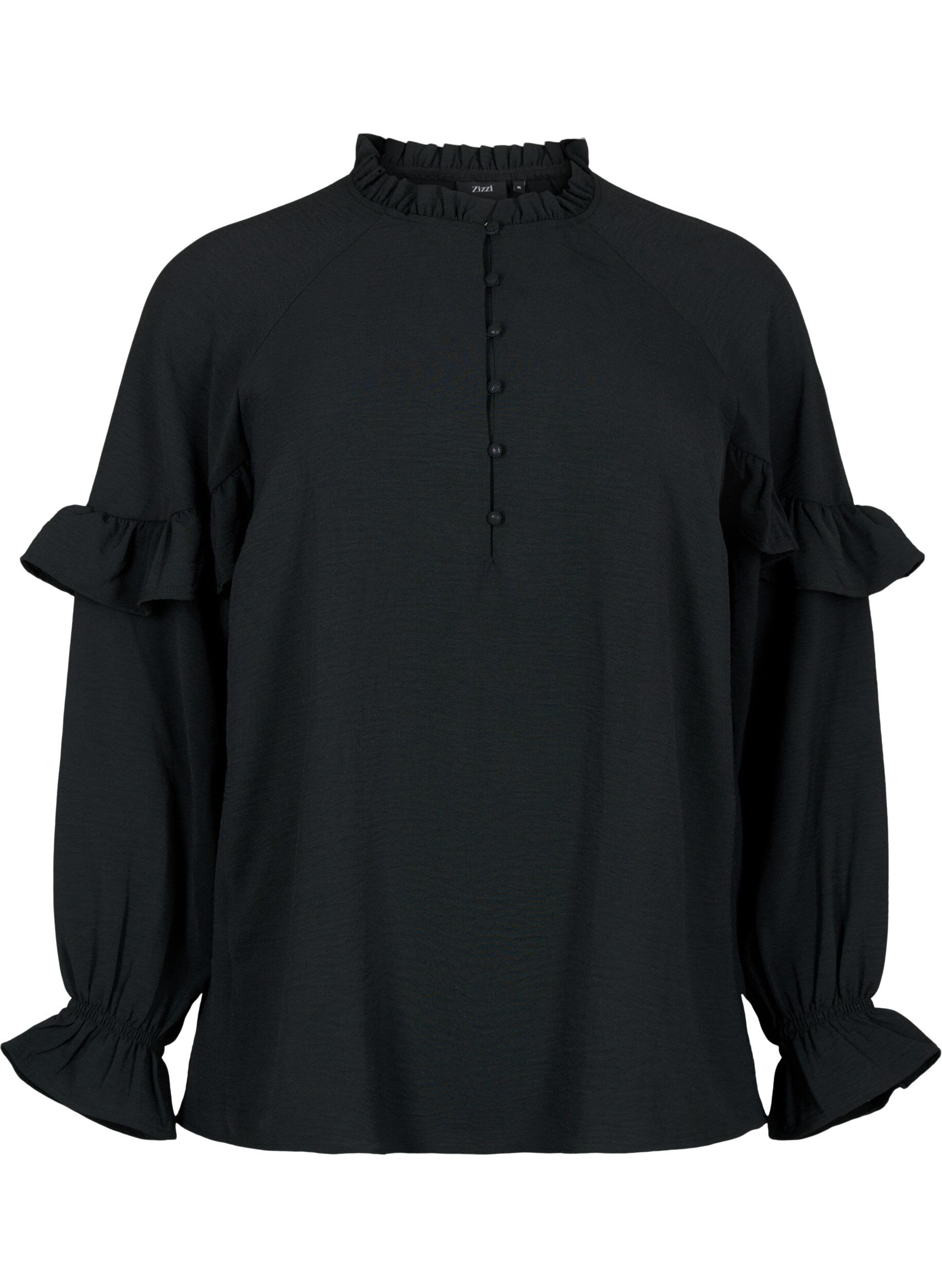 Zizzi Bluse mit R&uuml;schen und Kn&ouml;pfen, Black, Packshot image number 0