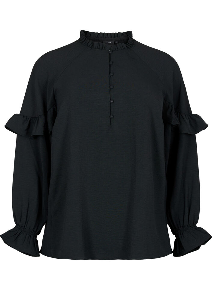 Bluse mit Rüschen und Knöpfen, Black, Packshot image number 0