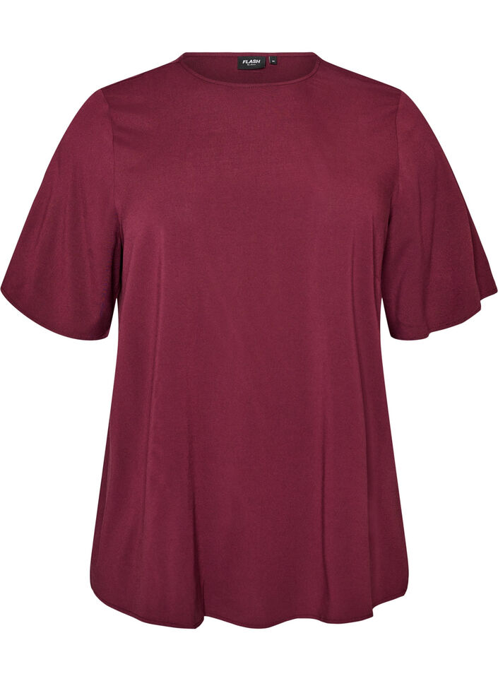 Kurz&auml;rmelige, gewebte Bluse mit Rundhals, Rot, Packshot image number 0