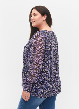 Geblümte Bluse mit langen Ärmeln und V-Ausschnitt, Purple Ditzy Flower, Model image number 1