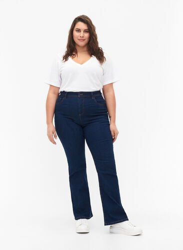 FLASH - Hoch taillierte Jeans mit Bootcut, Blue denim, Model image number 0