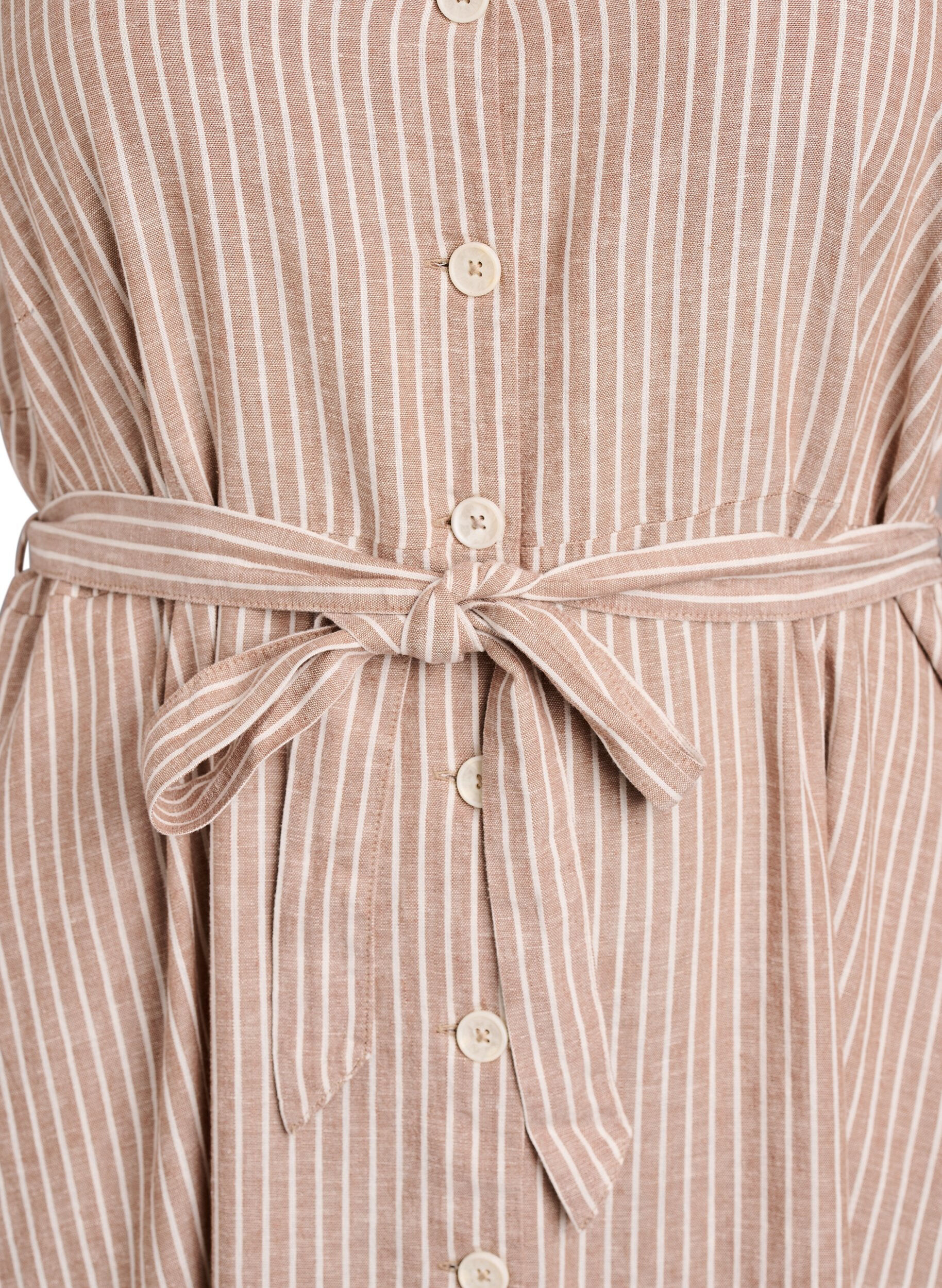 Zizzi&Auml;rmelloses gestreiftes Midikleid aus Leinen und Viskose, Beige, Packshot image number 2