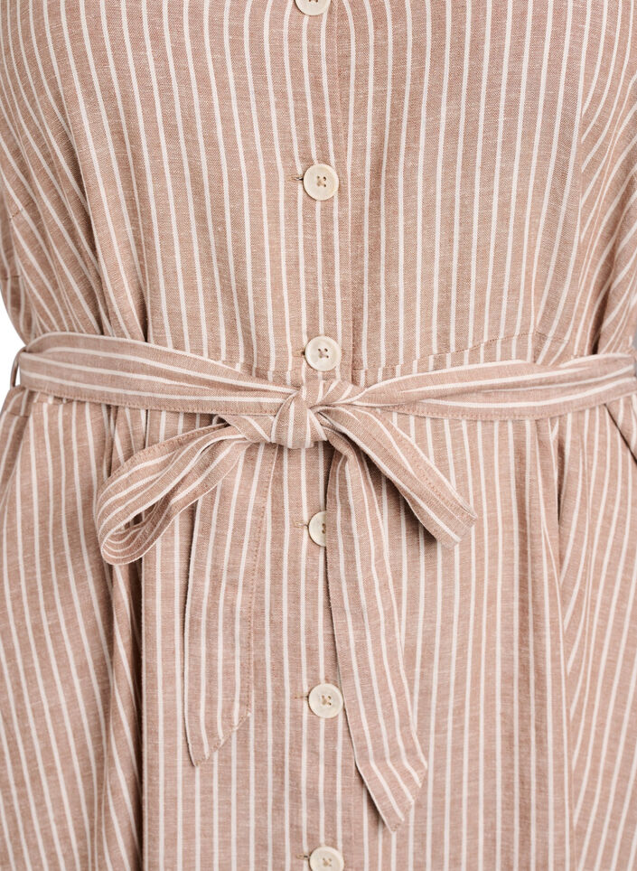&Auml;rmelloses gestreiftes Midikleid aus Leinen und Viskose, Beige, Packshot image number 2