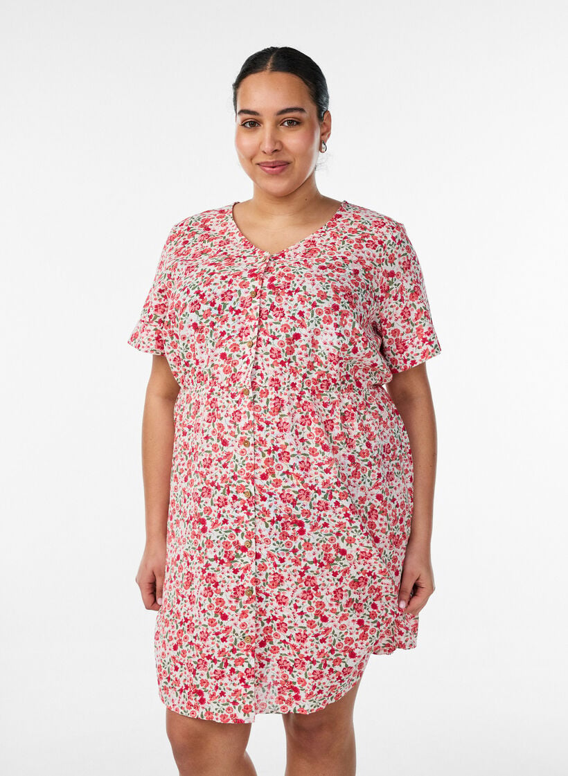 Kurzes Kleid aus Baumwolle mit Blumenprint, Rot, Model image number 0