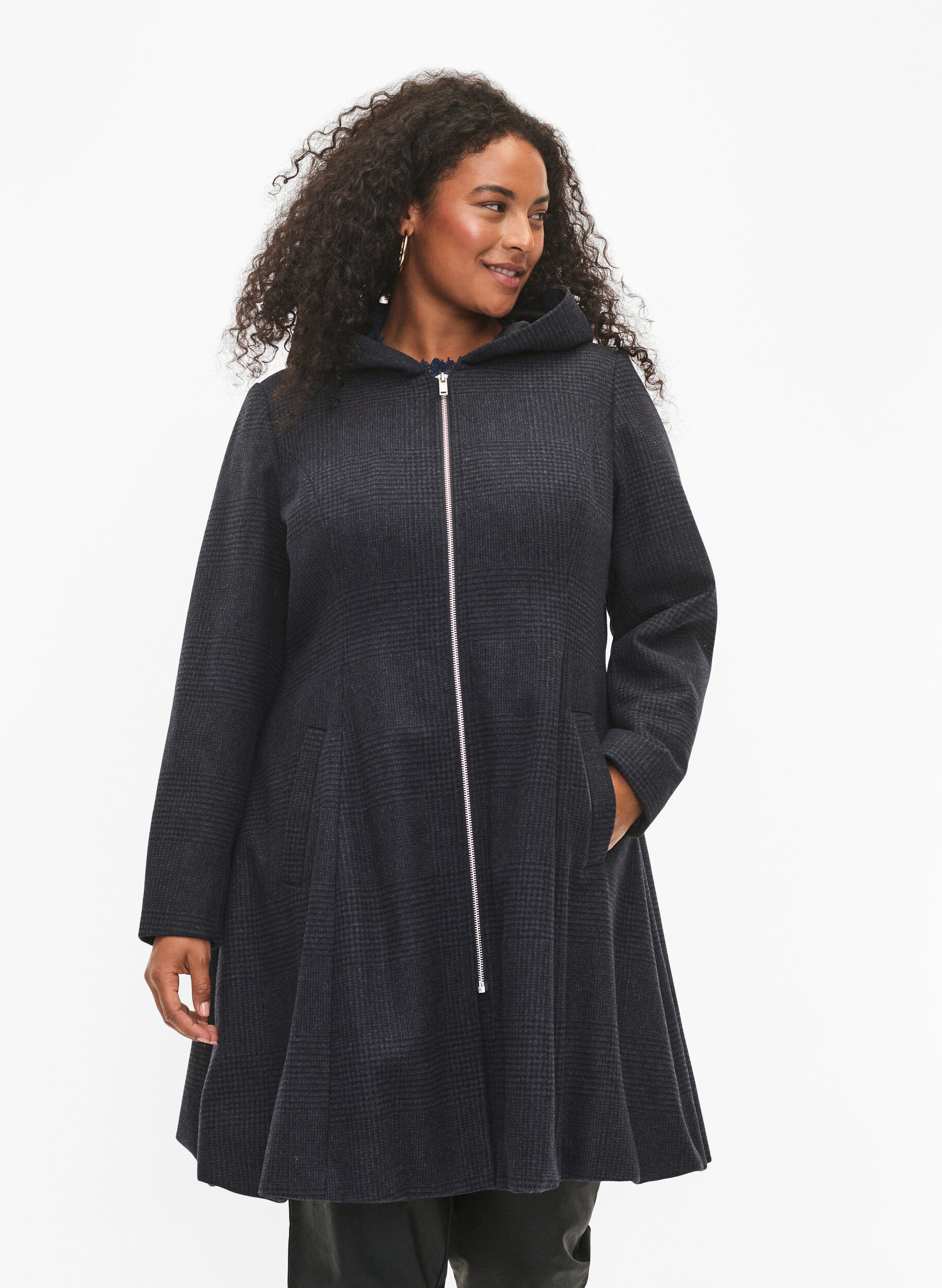 Zizzi Karierter Mantel mit Wolle, Dark Grey Melange, Model image number 0