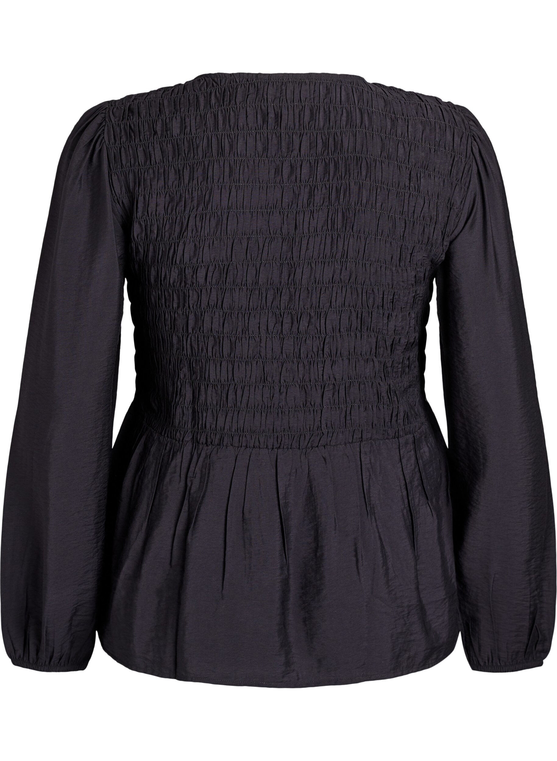 Zizzi Bluse mit Smock und langen &Auml;rmeln, Schwarz, Packshot image number 1