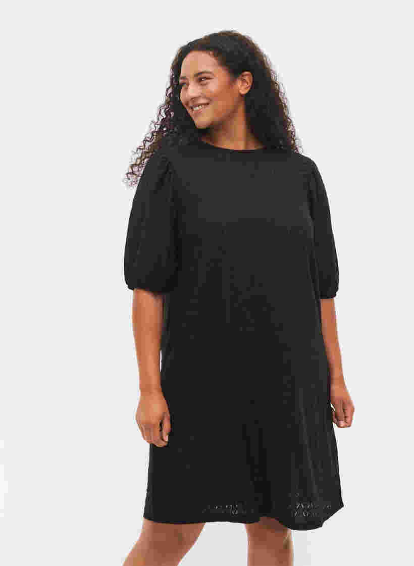 Kleid mit Strukturmuster und Ballonärmeln, Black, Model