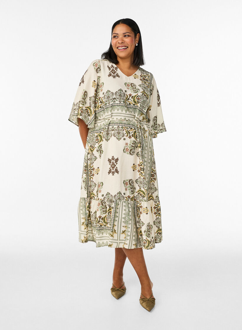 Gemustertes Midikleid aus Viskose mit Bindeg&uuml;rtel, Gr&uuml;n, Model image number 0