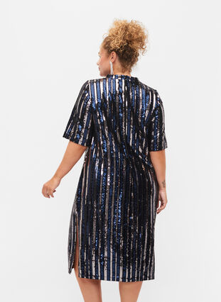 Kurzärmeliges Paillettenkleid mit Schlitz, Evening Blue Stripe , Model image number 1