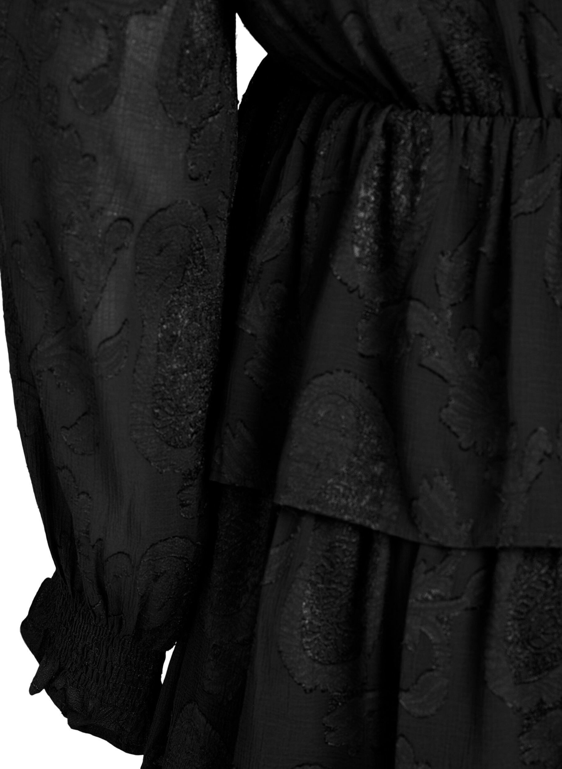 Zizzi Kurzes Kleid mit R&uuml;schen und Strukturmuster, Schwarz, Packshot image number 3