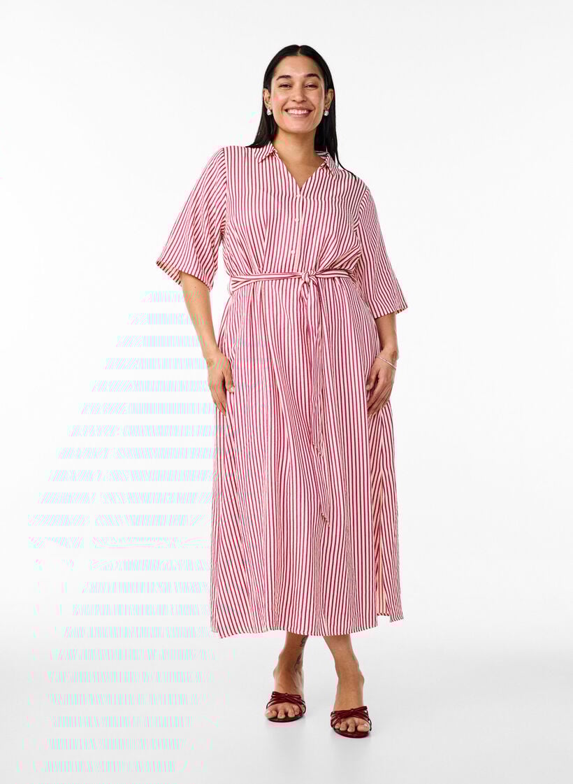 Knöchellanges Hemdblusenkleid mit Bindegürtel und Streifen, Pink, Model image number 0