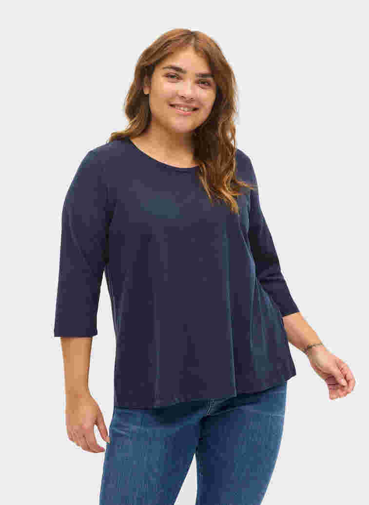 Basic T-Shirt aus Baumwolle mit 3/4-Ärmeln, Navy Blazer, Model image number 0