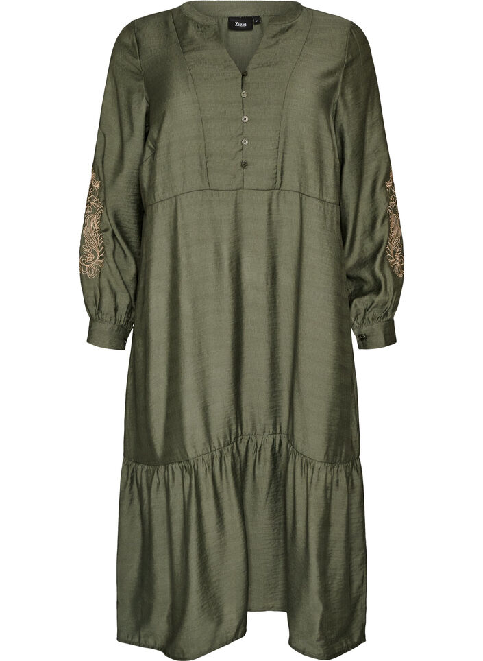 Kleid aus Viskose mit Stickerei und Stufenvolants, Gr&uuml;n, Packshot image number 0