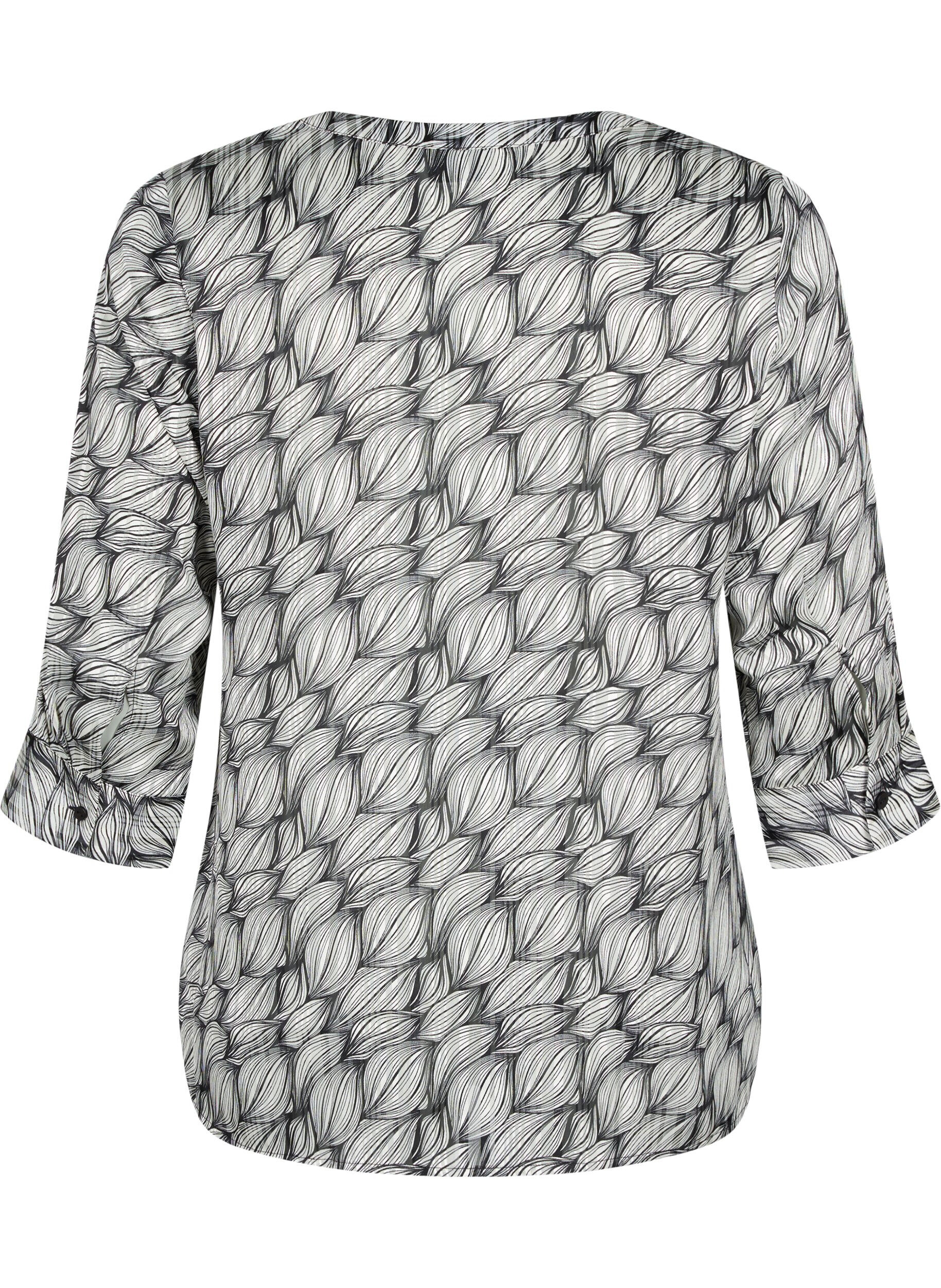 Zizzi Bluse mit Print und 3/4-&Auml;rmeln, Black White Leaf, Packshot image number 1