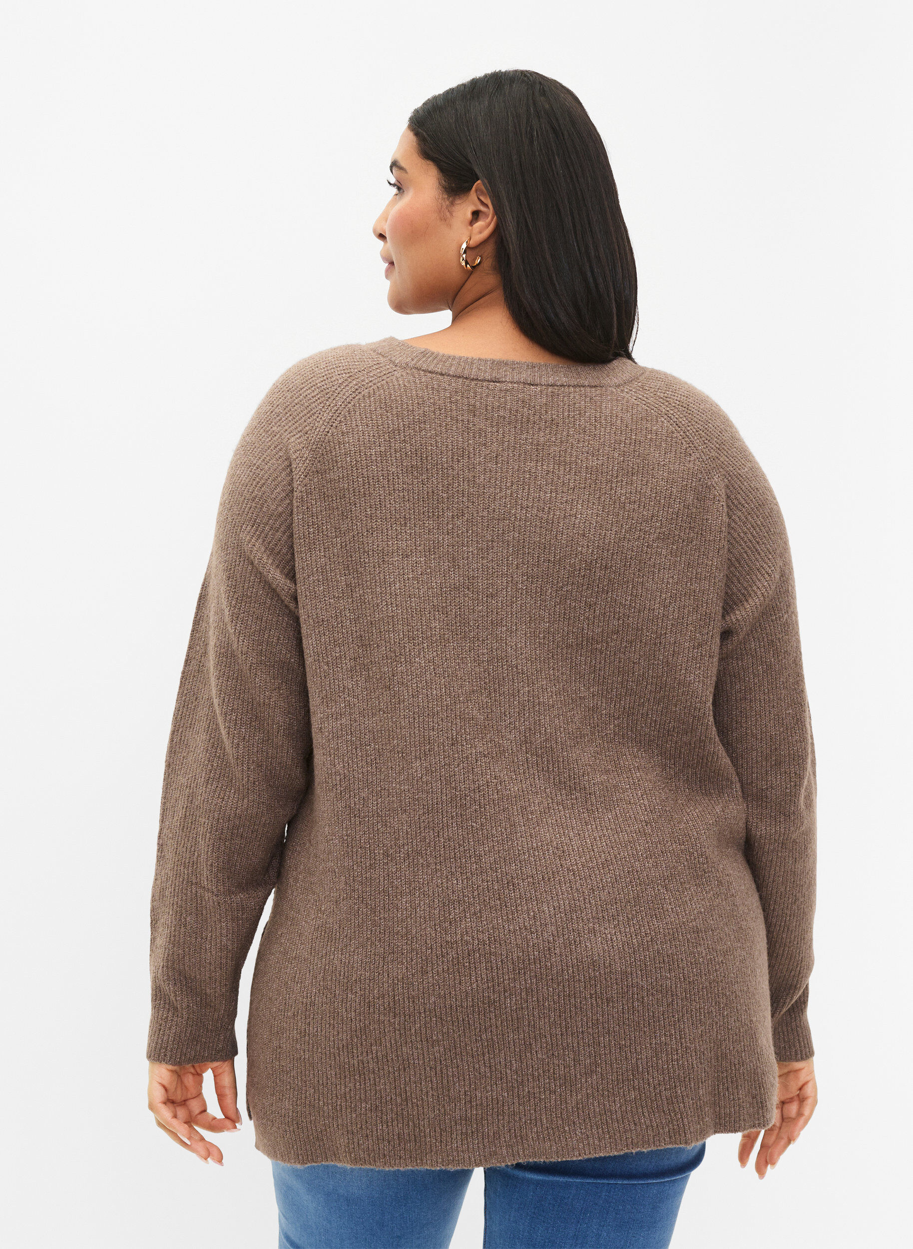 Zizzi Melange-Pullover mit Seitenschlitz, Walnut/White Mel., Model image number 1