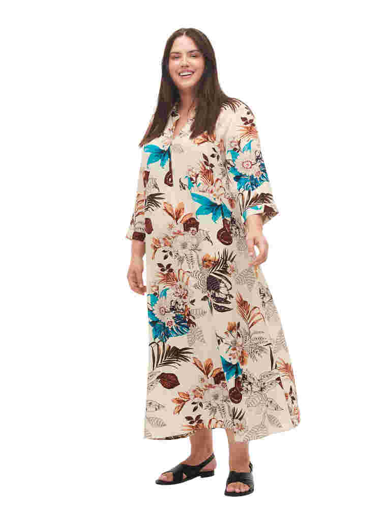 Hemdkleid aus Viskose mit Blumendruck, Brown Flower AOP, Model image number 3