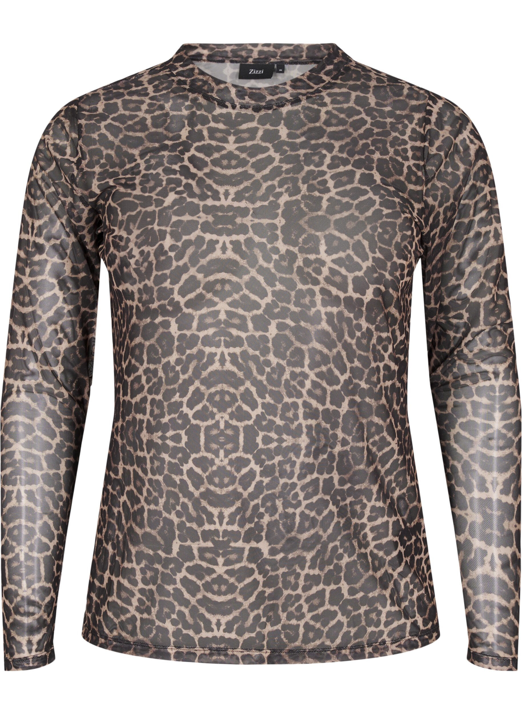 Zizzi Netzbluse mit Leopardenmuster, Braun, Packshot image number 0