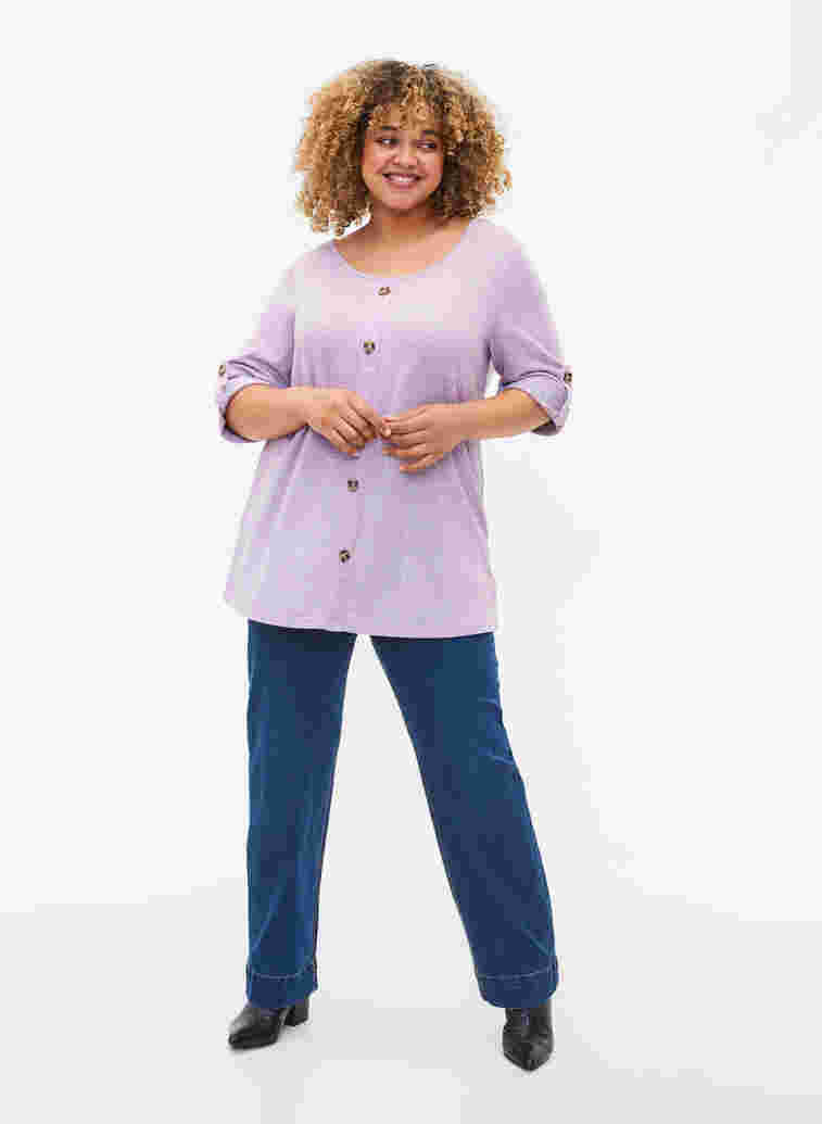 Bluse mit Knöpfen und 3/4-Ärmeln, Royal Lilac Melange, Model image number 1