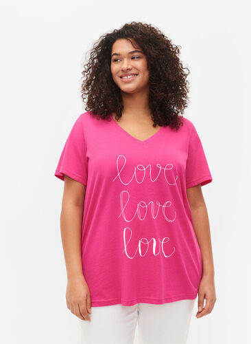 T-Shirt aus Baumwolle mit V-Ausschnitt und Druck, Fuchsia Purple Love, Model image number 0